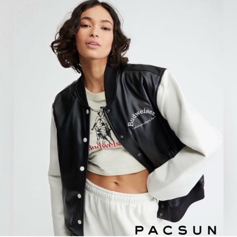 Budweiser X PacSun Black and White Cropped Varsity Jacket size S/M